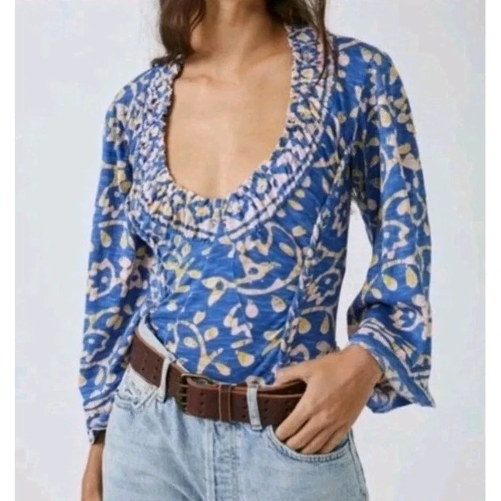 Free People Top On The Block Small Blue Cotton Batik Print Smocked Wide Sleeve